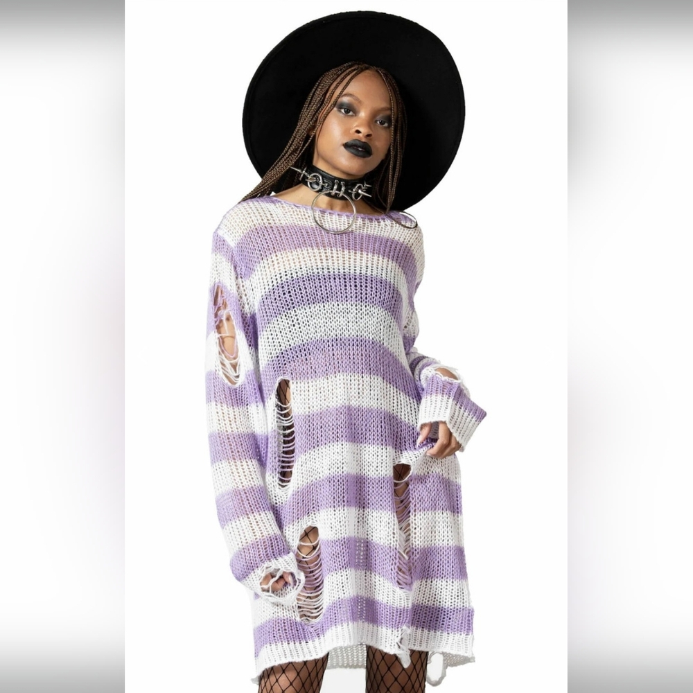 Killstar Distressed "Viola" Lilac Striped Sweater